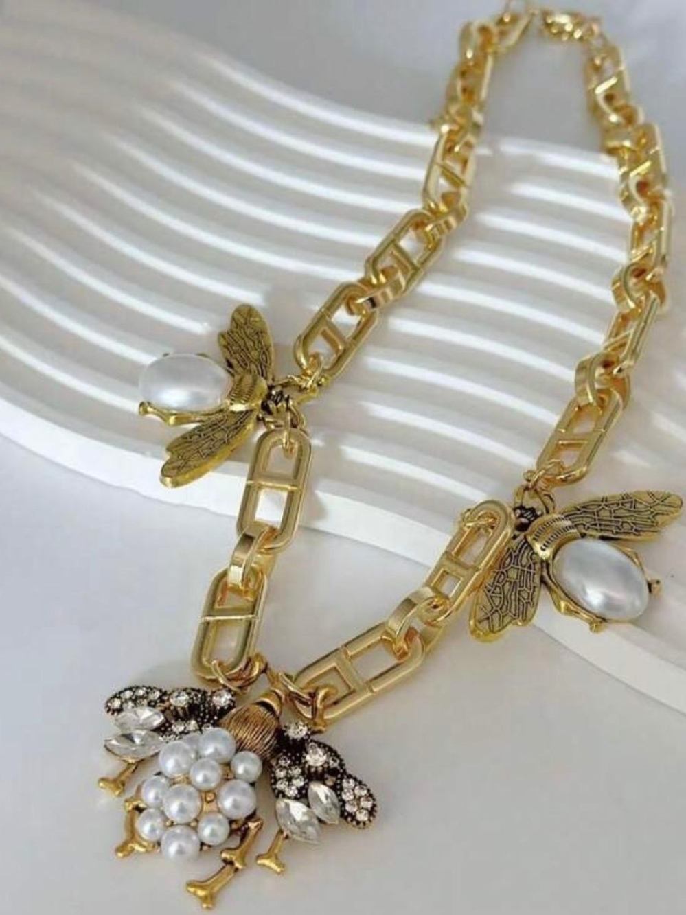 Gold Bee and Pearl Statement Necklace - Picture 4 of 5